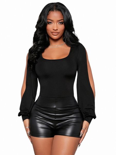 women's jumpsuits & rompers sxy scoop neck split sleeve pu romper 86y2#, Black;white
women's jumpsuits & rompers sxy scoop neck split sleeve pu romper 86y2#, Black;white