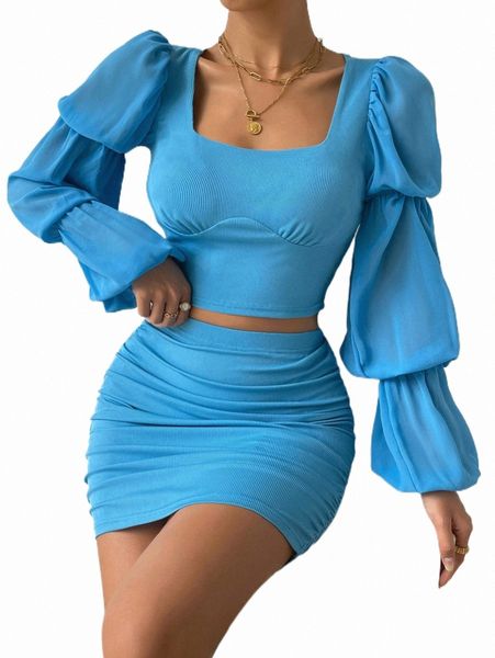two piece dress square neck lantern sleeve & ruched bodycon skirt 91ft#, White
two piece dress square neck lantern sleeve & ruched bodycon skirt 91ft#, White