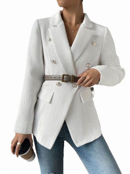 women's two piece pants double breasted flap detail blazer without belt m0a7#, White
women's two piece pants double breasted flap detail blazer without belt m0a7#, White