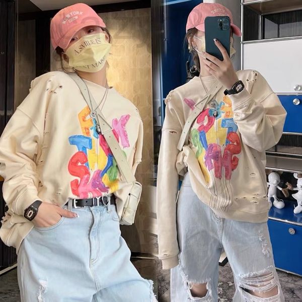 women's hoodies & sweatshirts designer super value fulit american color graffiti letter print hole tear round neck sweater female rog6, Black
women's hoodies & sweatshirts designer super value fulit american color graffiti letter print hole tear round neck sweater female rog6, Black