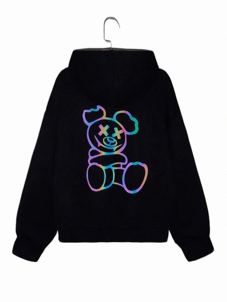 women's hoodies & sweatshirts reflective bear print drop shoulder hoodie f7l8#, Black
women's hoodies & sweatshirts reflective bear print drop shoulder hoodie f7l8#, Black