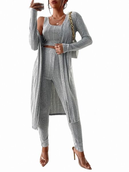 two piece dress 3pcs solid ribbed tank & leggings & coat b3uy#, White