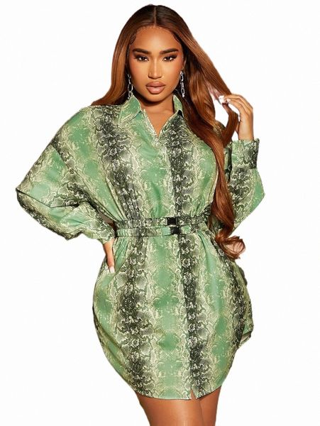 casual dresses sxy snakeskin print drop shoulder belted shirt dress v5qj#, Black;gray