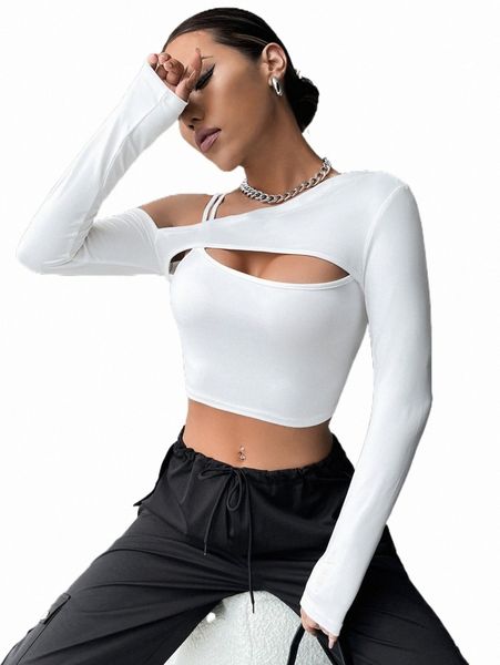 women's t-shirt cut out asymmetrical neck crop tee n24e#, White