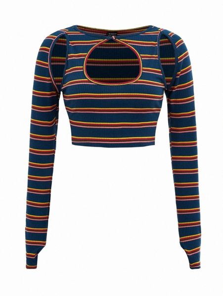 women's t-shirt striped cutout detail crop tee 817a#, White
women's t-shirt striped cutout detail crop tee 817a#, White