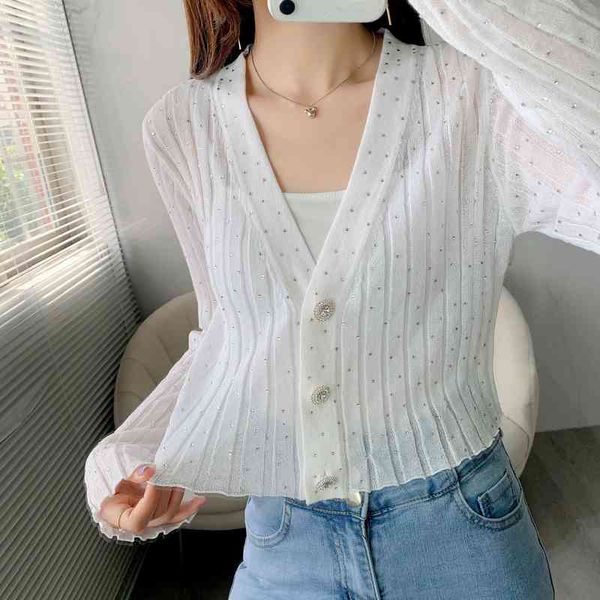 women's sweaters thin knitted cardigan french fairy college style summer women's coat diamond short long sleeve and sun protection, White;black
women's sweaters thin knitted cardigan french fairy college style summer women's coat diamond short long sleeve and sun protection, White;black