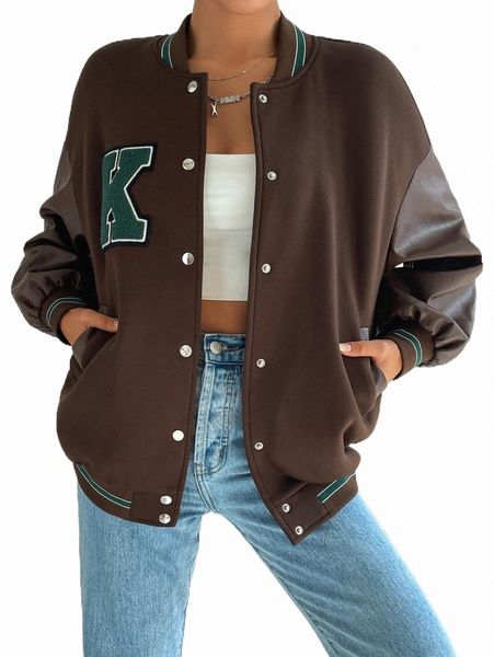 women's jackets letter patched striped trim drop shoulder bomber jacket m757#, Black;brown
women's jackets letter patched striped trim drop shoulder bomber jacket m757#, Black;brown
