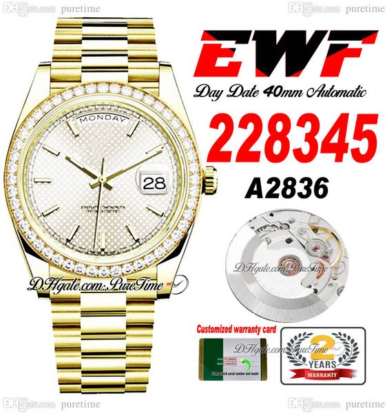 ewf day date 228345 a2836 automatic mens watch 40 yellow gold diamond bezel silver textured stick dial presidential bracelet same serial car, Slivery;brown
ewf day date 228345 a2836 automatic mens watch 40 yellow gold diamond bezel silver textured stick dial presidential bracelet same serial car, Slivery;brown
