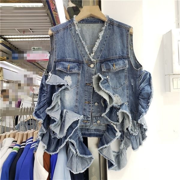 women's vests vintage ruffles patchwork hole blue cropped denim vest spring autumn lapel sleeveless jeans jacket waistcoat casual fashi, Black;white
women's vests vintage ruffles patchwork hole blue cropped denim vest spring autumn lapel sleeveless jeans jacket waistcoat casual fashi, Black;white