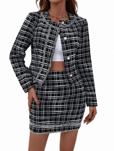 two piece dress plaid pattern raw trim tweed jacket & skirt j75o#, White 
two piece dress plaid pattern raw trim tweed jacket & skirt j75o#, White