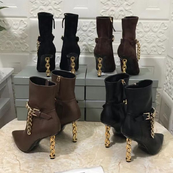 luxury brand designer boots women genuine leather chain short botas pointed toe party dress stiletto high heels 10.5cm plus size 43 factory, Black 
luxury brand designer boots women genuine leather chain short botas pointed toe party dress stiletto high heels 10.5cm plus size 43 factory, Black