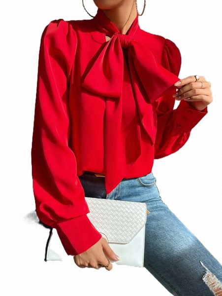 women's blouses & shirts solid tie neck puff sleeve shirt y94w#, White
