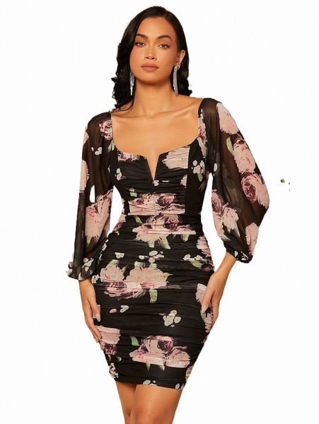 casual dresses floral print notched neckline bishop sleeve ruched mesh bodycon dress f7de#, Black;gray
casual dresses floral print notched neckline bishop sleeve ruched mesh bodycon dress f7de#, Black;gray