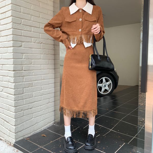 vintage two piece dress women outfit corduroy sense of design women's autumn winter fashion lapel neck jacket with mid-calf tassel skir, White
vintage two piece dress women outfit corduroy sense of design women's autumn winter fashion lapel neck jacket with mid-calf tassel skir, White