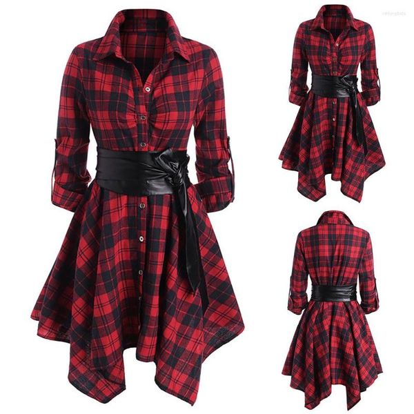 casual dresses elegant long sleeve red plaid shirt women turn down collar ruffle hem single breasted autumn party dress corset vestidos, Black;gray
