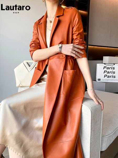women s jackets lautaro spring autumn long orange soft faux leather coat women pockets elegant stylish luxury designer clothes arrival 22113, Black;brown
women s jackets lautaro spring autumn long orange soft faux leather coat women pockets elegant stylish luxury designer clothes arrival 22113, Black;brown
