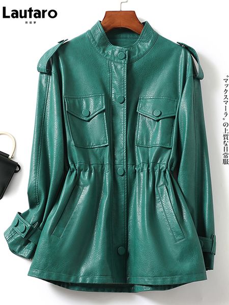 women s jackets lautaro spring autumn luxury green black beige leather jacket women with drop shoulder long sleeve drawstring pockets fashio, Black;brown
women s jackets lautaro spring autumn luxury green black beige leather jacket women with drop shoulder long sleeve drawstring pockets fashio, Black;brown