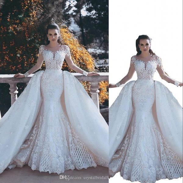 2023 luxury mermaid wedding dresses illusion sheer neck lace appliques beads long sleeves open back overskirts ruffy formal bridal gowns, White
2023 luxury mermaid wedding dresses illusion sheer neck lace appliques beads long sleeves open back overskirts ruffy formal bridal gowns, White