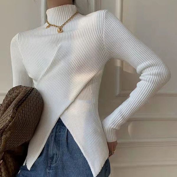 

women's sweaters half turtleneck knitted bottoming for women autumn winter slimming niche hem slit sweater pullover 221201, White;black