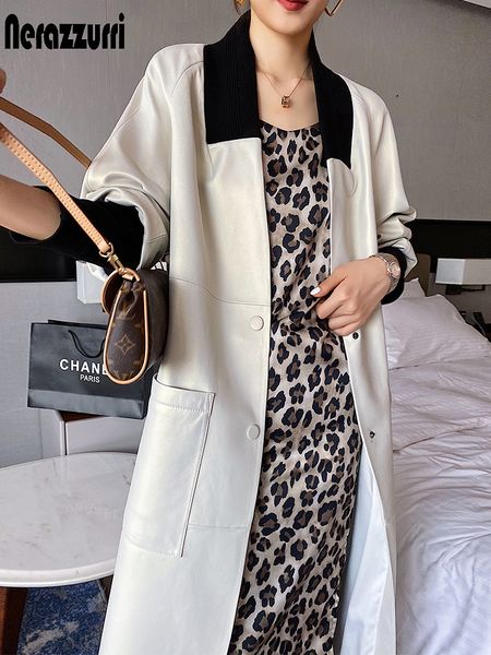women s jackets nerazzurri spring autumn loose long leather trench coat for women with v neck raglan sleeve pockets luxury designer clothes, Black;brown
women s jackets nerazzurri spring autumn loose long leather trench coat for women with v neck raglan sleeve pockets luxury designer clothes, Black;brown