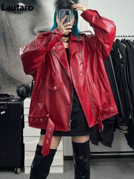 women s jackets lautaro spring autumn oversized red shiny pattern leather biker jacket women long sleeve zipper belt cool fashion 221130, Black;brown
women s jackets lautaro spring autumn oversized red shiny pattern leather biker jacket women long sleeve zipper belt cool fashion 221130, Black;brown
