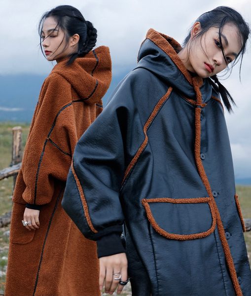 women's faux leather coat reversible hooded jacket high street autumn winter outwear windproof fashion double-sided wear furs coat, Black
women's faux leather coat reversible hooded jacket high street autumn winter outwear windproof fashion double-sided wear furs coat, Black
