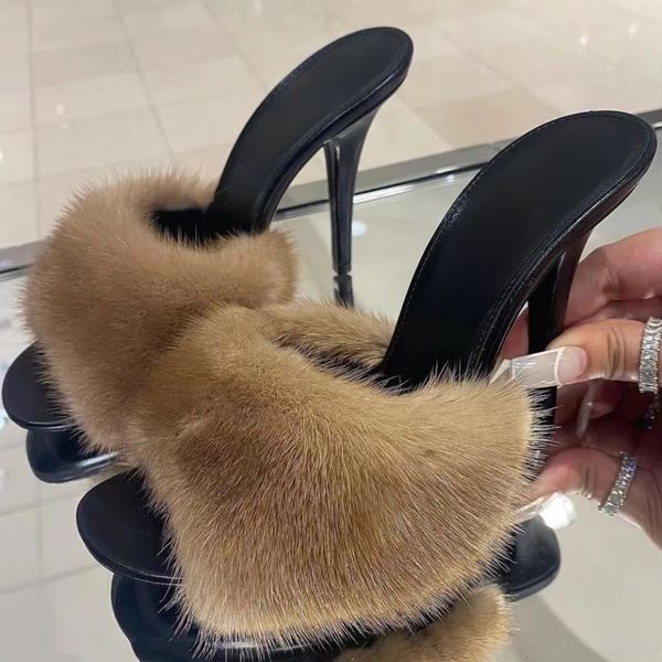 mink hair slippers women's leather thin heel leopard print fashion dinner sandals 9.5cm luxury designer open toe high heels color dress, Black
mink hair slippers women's leather thin heel leopard print fashion dinner sandals 9.5cm luxury designer open toe high heels color dress, Black