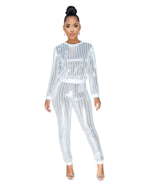 women two piece pants sets sequin 2 piece outfits long sleeve glitter bodycon party clubwear set, White
women two piece pants sets sequin 2 piece outfits long sleeve glitter bodycon party clubwear set, White
