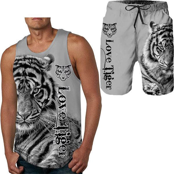men's tracksuits summer fashion shorts/2pc sets cool tiger print tank mens vest sportwear clothing 221202, Gray
men's tracksuits summer fashion shorts/2pc sets cool tiger print tank mens vest sportwear clothing 221202, Gray
