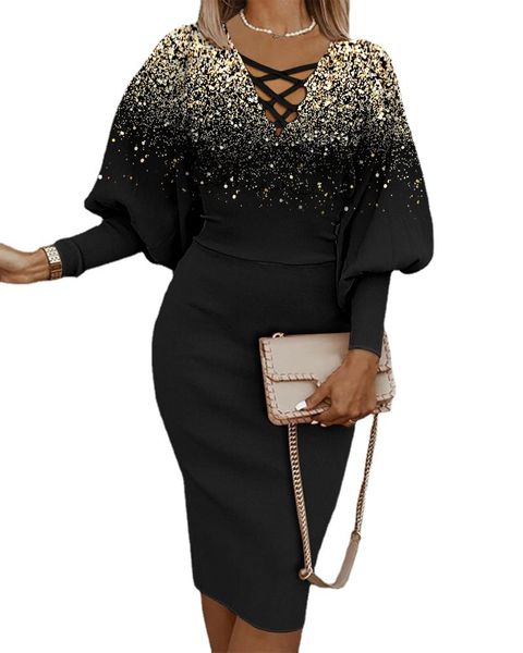 women v neck casual dresses printed elegant bodycon long sleeve pencil business suiting dress, Black;gray
women v neck casual dresses printed elegant bodycon long sleeve pencil business suiting dress, Black;gray