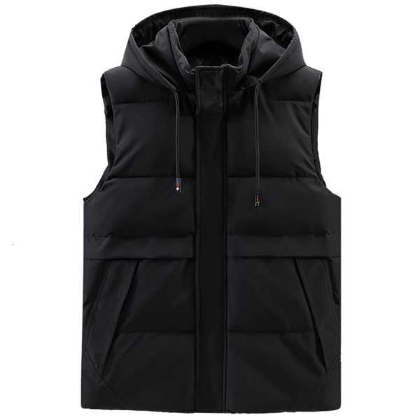 men's vests autumn winter thick vest men's brand hooded black sleeveless jackets men clothes hat detachable warm cotton waistcoat, Black;white