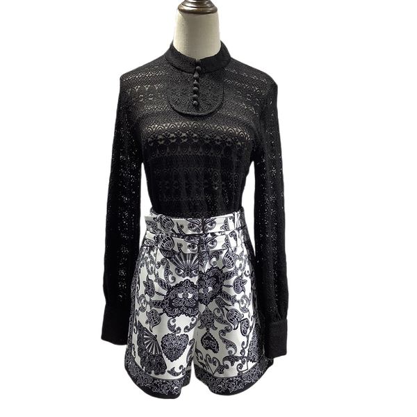 vintage court style hollowed out long sleeved shirt with double layer belt printed high waist shorts set, White
vintage court style hollowed out long sleeved shirt with double layer belt printed high waist shorts set, White