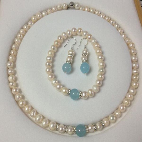 white cultured 7-8 mm pearl aquamarine necklace bracelet earrings set, Silver
white cultured 7-8 mm pearl aquamarine necklace bracelet earrings set, Silver