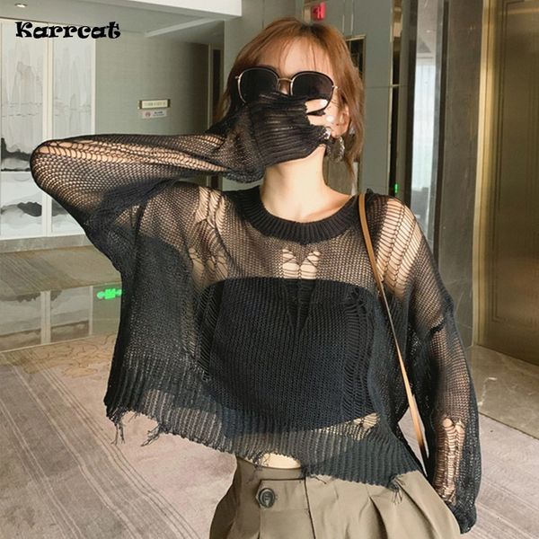 women's sweaters karrcat black gothic thin women pullover loose sweater lady hollow out hole broken streetwear stretch split knit short, White;black
women's sweaters karrcat black gothic thin women pullover loose sweater lady hollow out hole broken streetwear stretch split knit short, White;black
