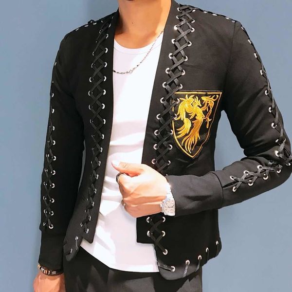 men's suits blazers night show men korean fashion stylist blazer slim fit badge embroidered trendy jacket collarless lace suit male 221, White;black
men's suits blazers night show men korean fashion stylist blazer slim fit badge embroidered trendy jacket collarless lace suit male 221, White;black