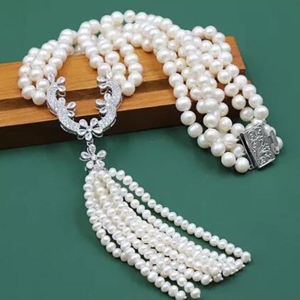 jewelry natural 3 strands freshwater cultured white pearl necklace cz cubic zirconia pave pendant handmade women, Silver
jewelry natural 3 strands freshwater cultured white pearl necklace cz cubic zirconia pave pendant handmade women, Silver