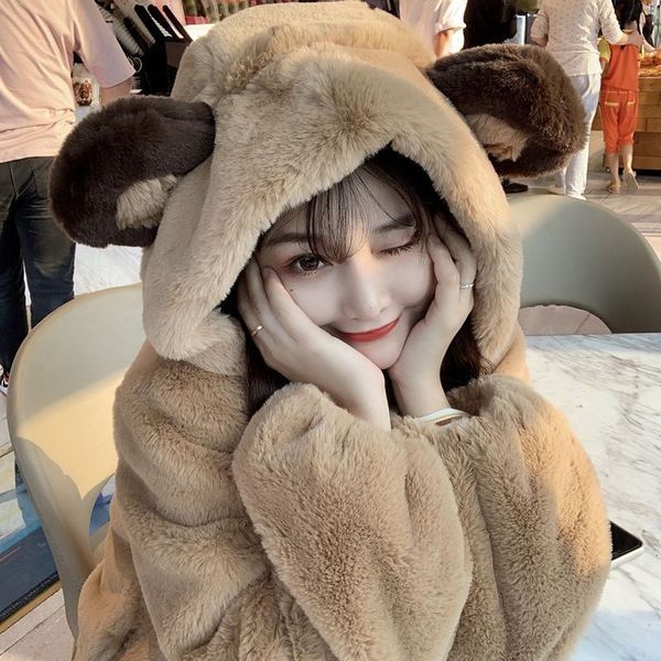 women's fur faux jacket women bear ear plush winter korean fashion cute preppy style oversized hooded loose kawaii fluffy 221202, Black
women's fur faux jacket women bear ear plush winter korean fashion cute preppy style oversized hooded loose kawaii fluffy 221202, Black
