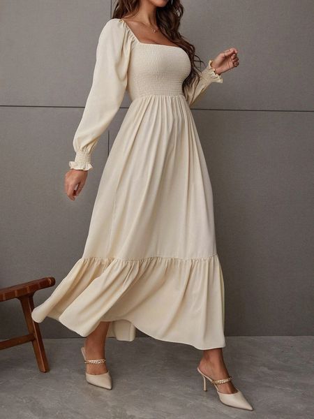 womens casual fall long puff sleeve square neck smocked a line flowy ruffle party maxi dresses, Black;gray
womens casual fall long puff sleeve square neck smocked a line flowy ruffle party maxi dresses, Black;gray