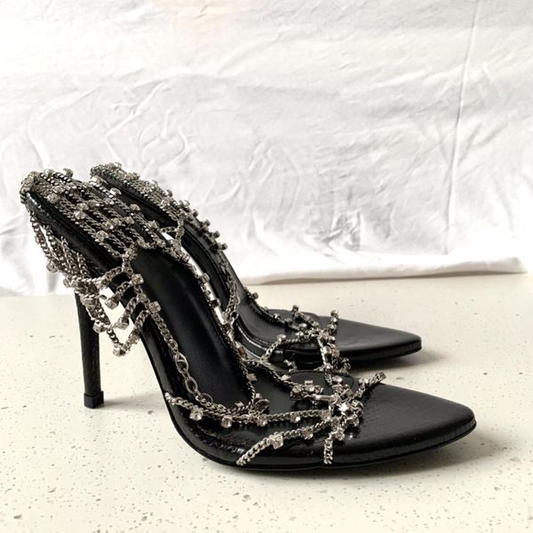 metal chain high heel sandals women's genuine leather 2023 pointed open toe rhinestone high grade thin, Black
metal chain high heel sandals women's genuine leather 2023 pointed open toe rhinestone high grade thin, Black
