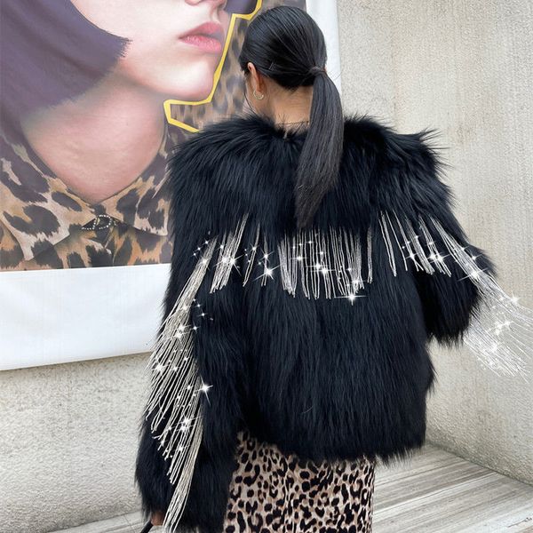 women's fur faux fashion braided artificial coat women winter sequined tassel overcoat artificial jacket 221202, Black
women's fur faux fashion braided artificial coat women winter sequined tassel overcoat artificial jacket 221202, Black