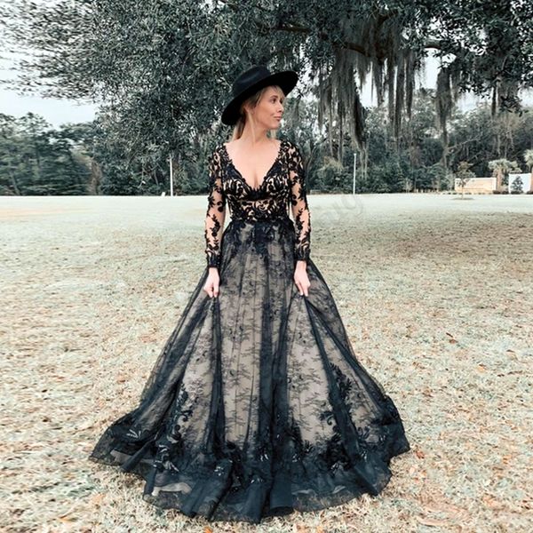 vintage a line black wedding dress long sleeves lace appliques gothic bridal gowns country pastrol vestido de novia v neck open back, White
vintage a line black wedding dress long sleeves lace appliques gothic bridal gowns country pastrol vestido de novia v neck open back, White