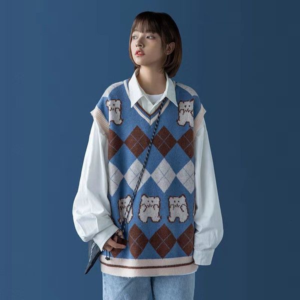 women's vests preppy style oversize sweater woman argyle kawaii bear knitted vest loose korean pullover sleeveless for women 221202, Black;white
women's vests preppy style oversize sweater woman argyle kawaii bear knitted vest loose korean pullover sleeveless for women 221202, Black;white
