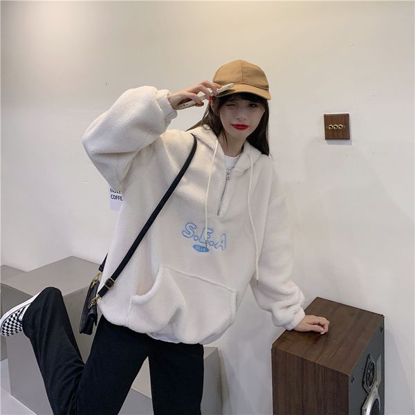 women's hoodies sweatshirt white hooded sweatshirt letter embroidery lambswool fashion oversize vintage leisure loose thicken winter pu, Black
women's hoodies sweatshirt white hooded sweatshirt letter embroidery lambswool fashion oversize vintage leisure loose thicken winter pu, Black