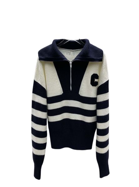 early spring's latest striped color contrast half pull collar design college style age reducing sweet lapel sweater, White;black
early spring's latest striped color contrast half pull collar design college style age reducing sweet lapel sweater, White;black
