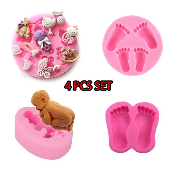 

4 PCS Set Cake Mold Baby feet shoes sleeping shape mould 3D Silicone Cakes Mold Shower chocolate molds DIY Soap Decoration 122001