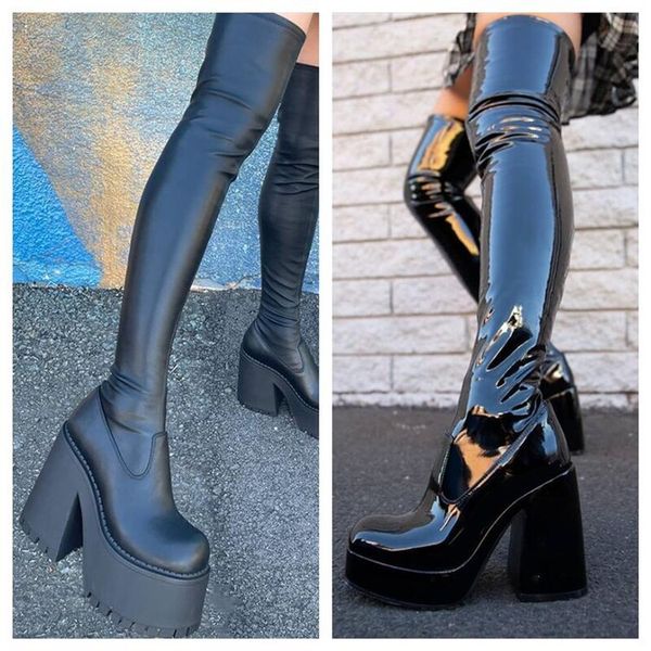women thigh high boots glisten patent leather high platform over knee boots solid color high heels shoes women's, Black
women thigh high boots glisten patent leather high platform over knee boots solid color high heels shoes women's, Black