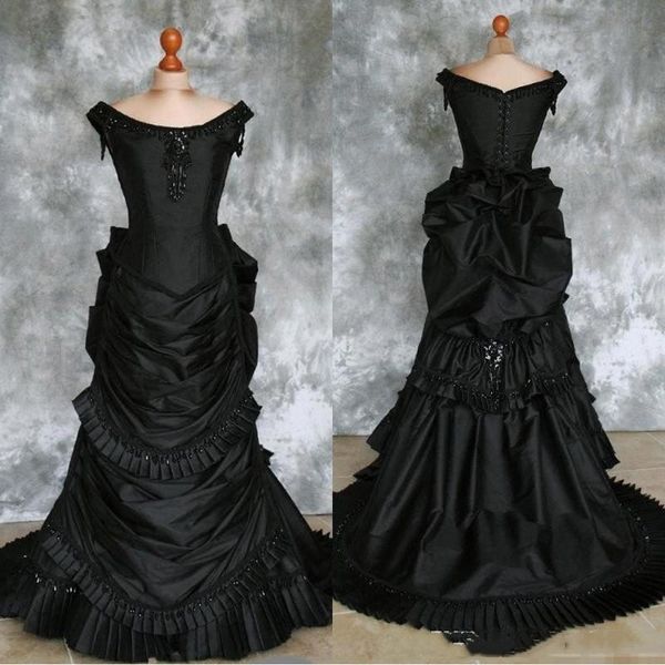black gothic wedding gown vintage long victorian bustle bridal dresses beading scoop neck sleeveless ruched vampire masquerade vestido, White
black gothic wedding gown vintage long victorian bustle bridal dresses beading scoop neck sleeveless ruched vampire masquerade vestido, White