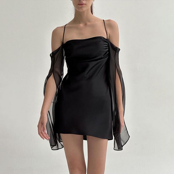 party dresses elegant offshoulder tie up sling dress chic women mesh slit sleeves backless short gown evening vestidos 221203, White;black
party dresses elegant offshoulder tie up sling dress chic women mesh slit sleeves backless short gown evening vestidos 221203, White;black