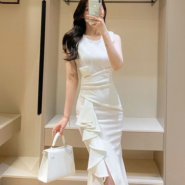 party dresses summer fashion korean style sleeveless white women elegant office ladies ruffle solid oneck slim fish tail long 221203, White;black
party dresses summer fashion korean style sleeveless white women elegant office ladies ruffle solid oneck slim fish tail long 221203, White;black