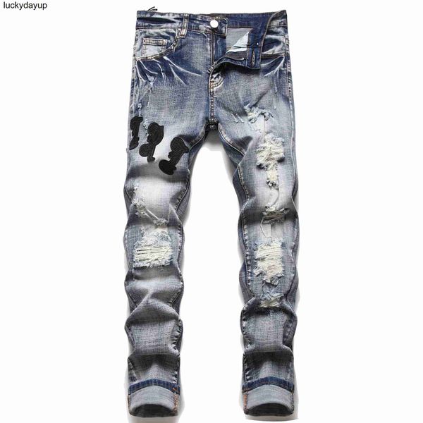 men's jeans designer fashion brand youth fashion hole sticking cloth embroidery men's elastic small feet men's streetwear jea, Blue 
men's jeans designer fashion brand youth fashion hole sticking cloth embroidery men's elastic small feet men's streetwear jea, Blue